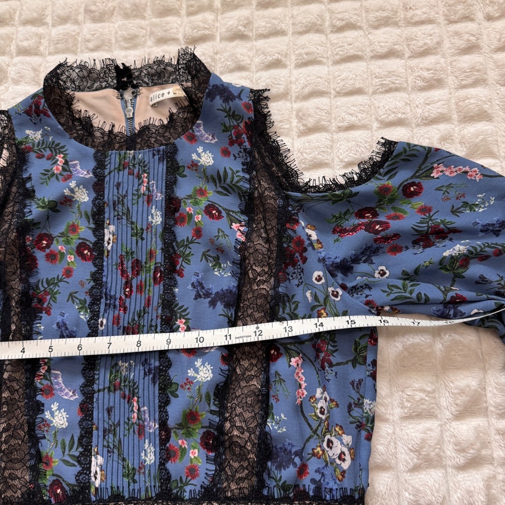 Alice + Olivia 6 Gatz Blue Floral Lace Trim Maxi Dress Peasant Boho Festival - Picture 5 of 9